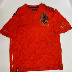 Coogi t shirt orange XXL patch gold trim purple